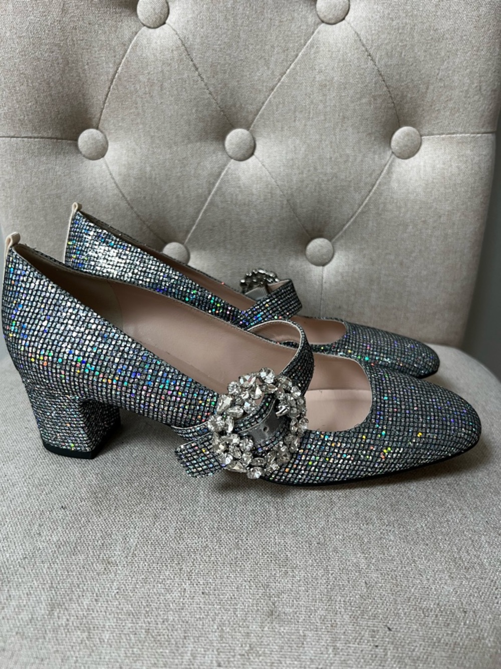 New SJP by Sarah Jessica Parker Holographic Crystal Mary Jane Heels